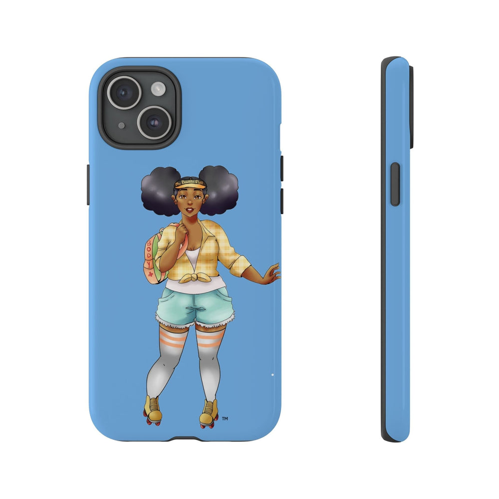 Powder Blue Retro Body Positive Skater with Afro Puffs Design Phone Case Phone Case Printify iPhone 15 Plus Glossy 