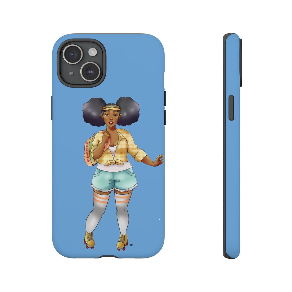Powder Blue Retro Body Positive Skater with Afro Puffs Design Phone Case Phone Case Printify iPhone 15 Plus Matte 