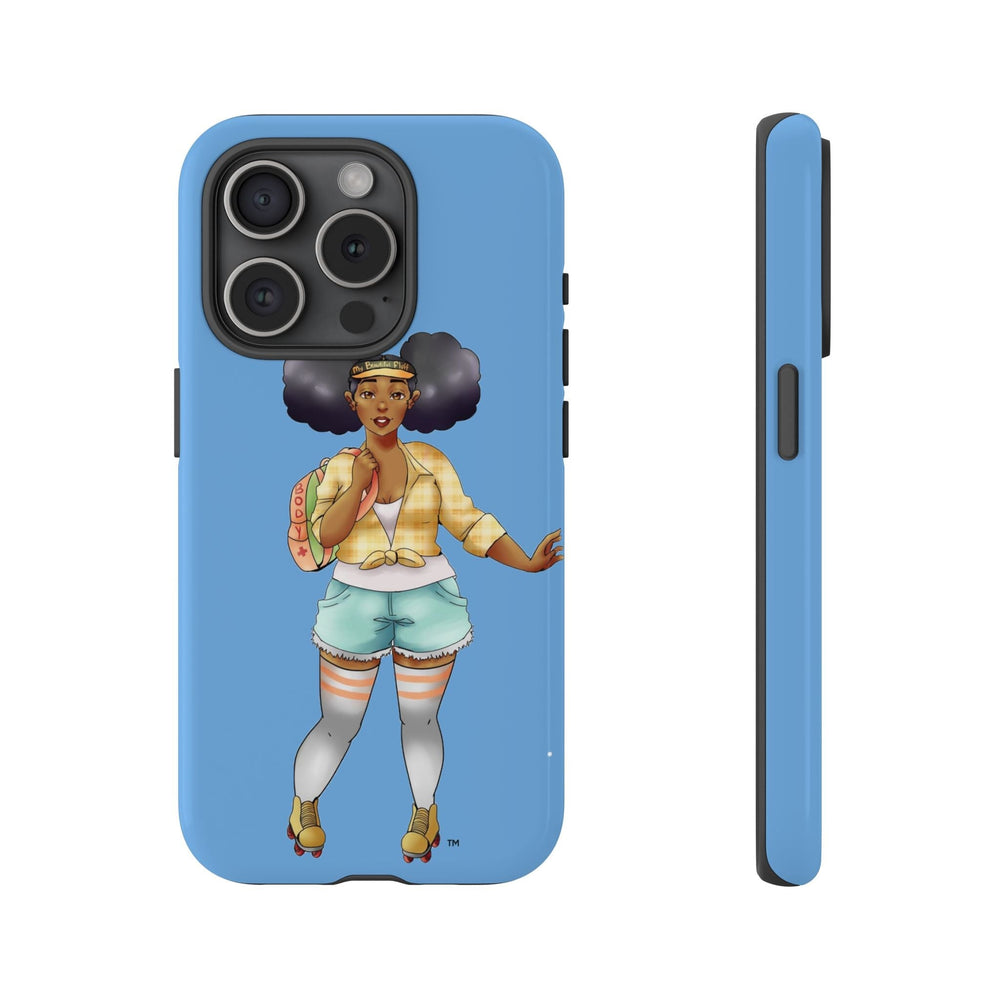 Powder Blue Retro Body Positive Skater with Afro Puffs Design Phone Case Phone Case Printify iPhone 15 Pro Glossy 