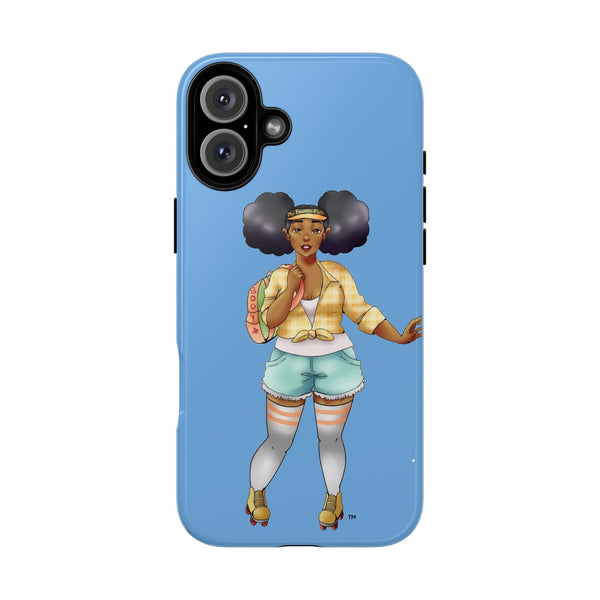Powder Blue Retro Body Positive Skater with Afro Puffs Design Phone Case Phone Case Printify iPhone 16 Plus Glossy 