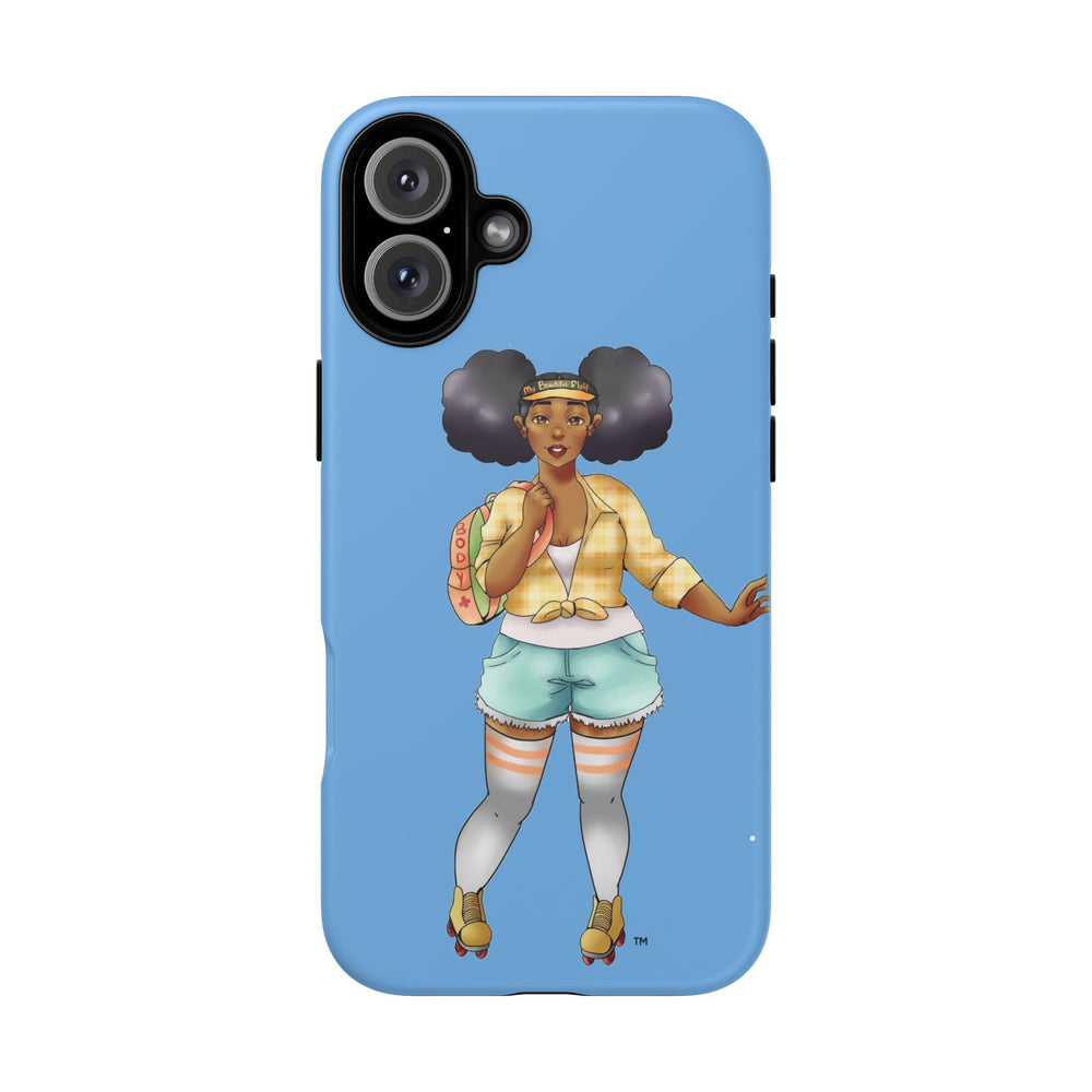 Powder Blue Retro Body Positive Skater with Afro Puffs Design Phone Case Phone Case Printify iPhone 16 Plus Matte 