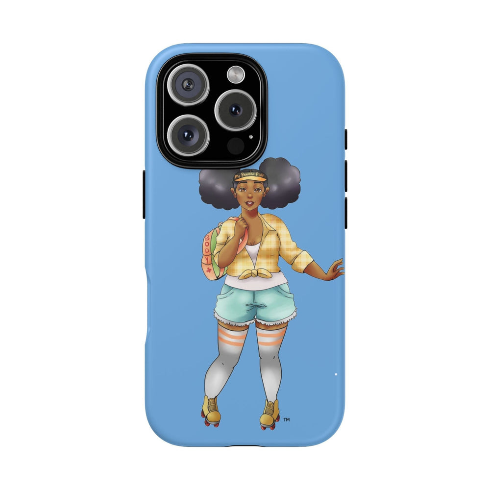 Powder Blue Retro Body Positive Skater with Afro Puffs Design Phone Case Phone Case Printify iPhone 16 Pro Matte 