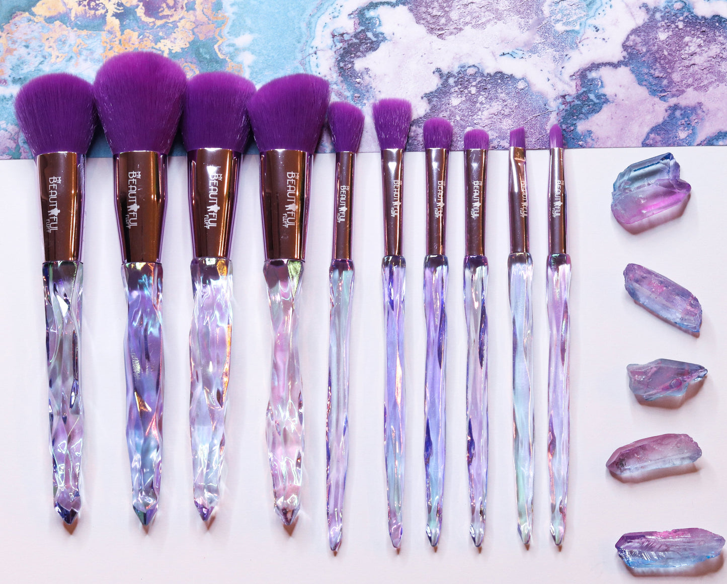 Pink 10 Piece Crystal Makeup Brush Set PHYSICAL My Beautiful Fluff Purple 